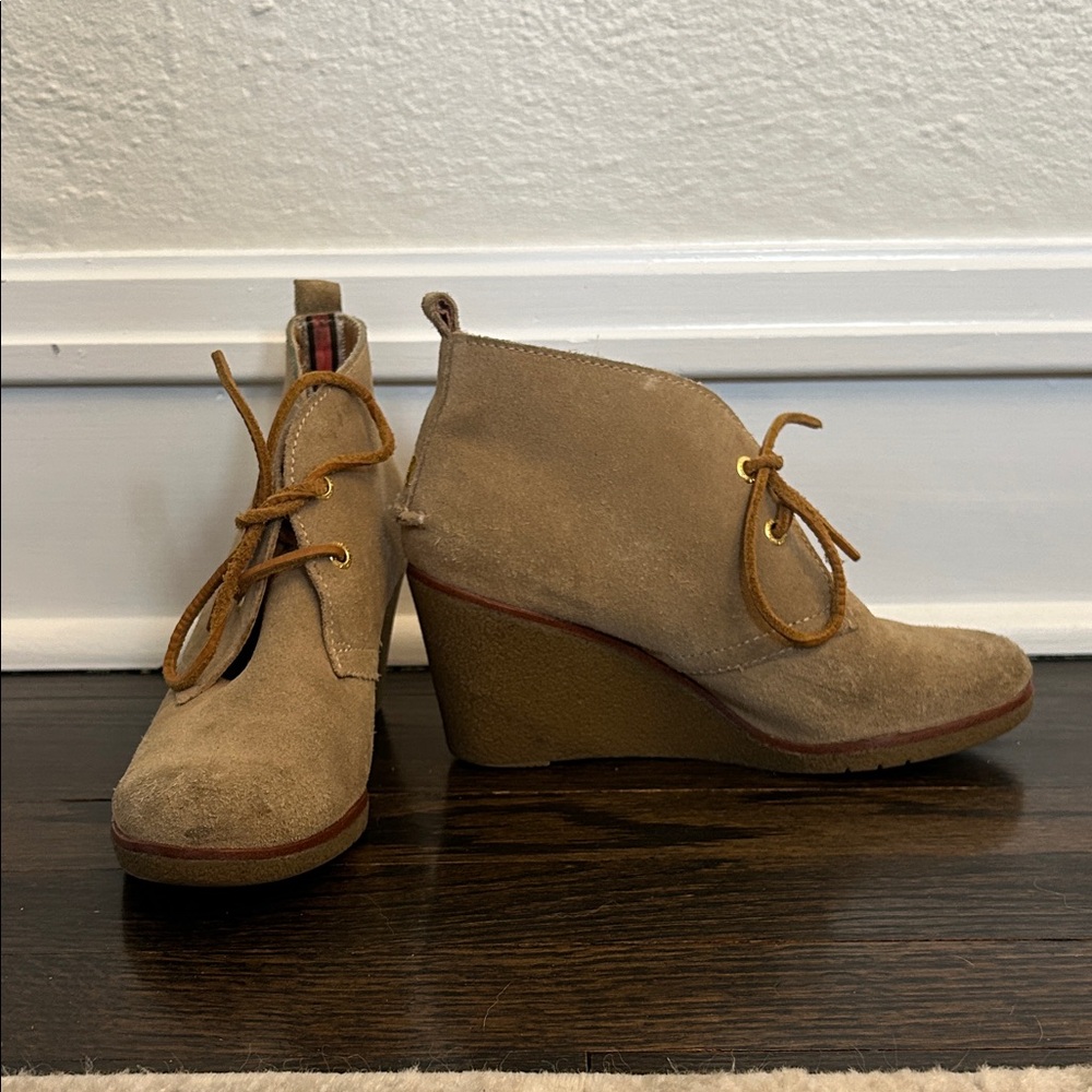 Sperry Taupe Suede Lace-Up Wedge Booties